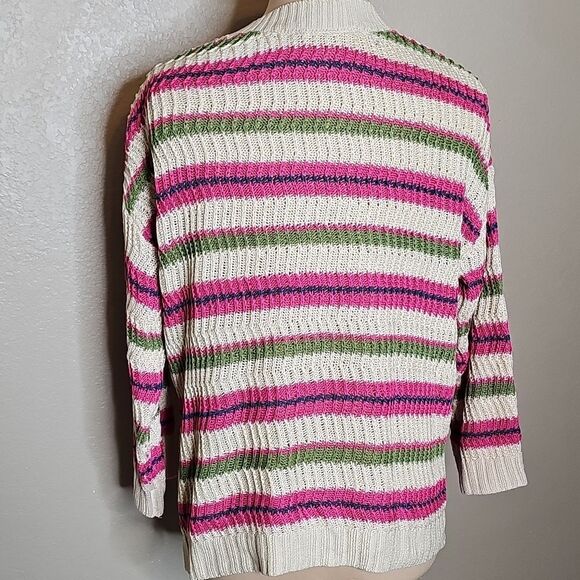 LOFT V-Neck Sweater with Pink, Green, and Cream Stripes Loose Knit Medium - Picture 4 of 8